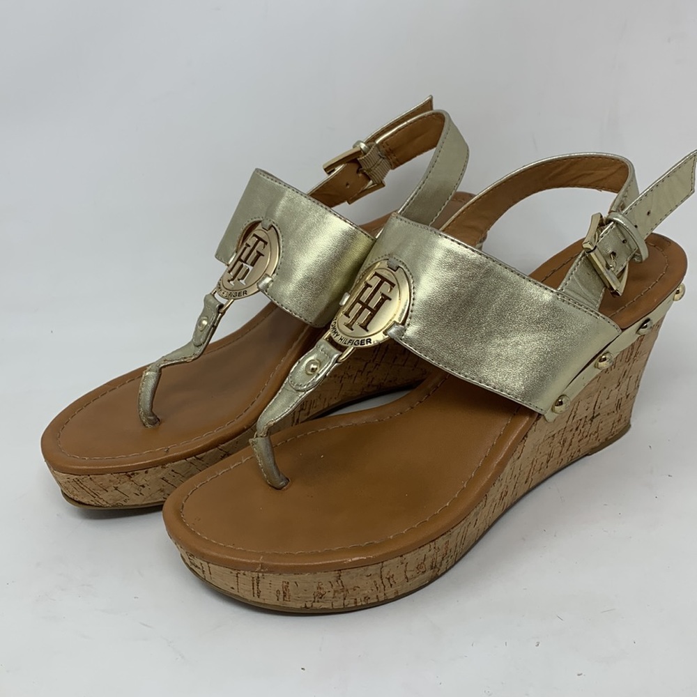 Tommy Hilfiger metallic gold platform cork wedge sandals slingback Size 7.5
